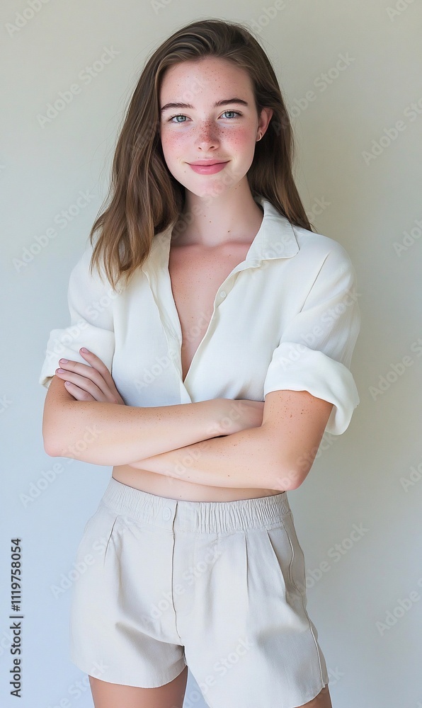 Young woman posing confidently with arms crossed, wearing a blouse. Young woman posing confidently with arms crossed, wearing a blouse.