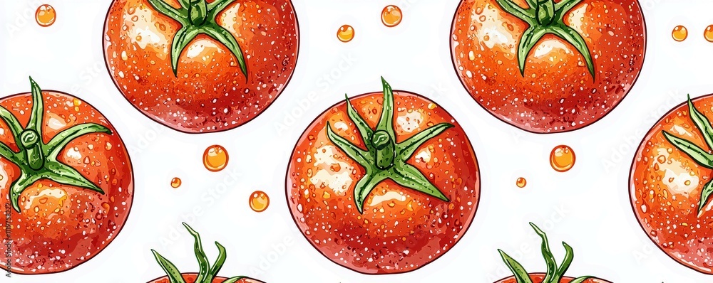 Vibrant Hand-Drawn Tomato Pattern with Fresh Water Droplets on White Background for Culinary Illustrations Vibrant Hand-Drawn Tomato Pattern with Fresh Water Droplets on White Background for Culinary Illustrations