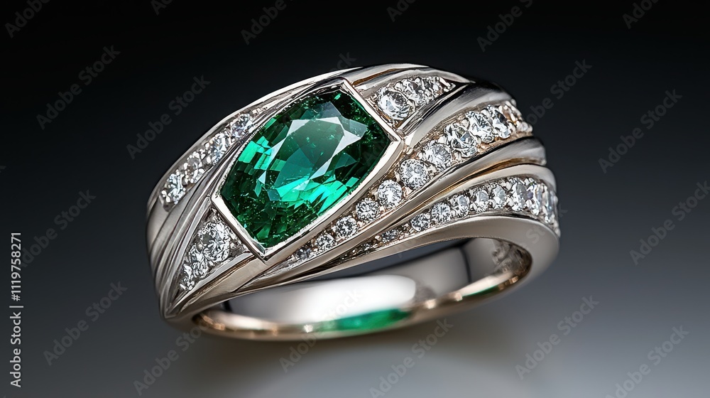 Elegant Emerald Cocktail Ring with Geometric Design and Diamond Accents Elegant Emerald Cocktail Ring with Geometric Design and Diamond Accents