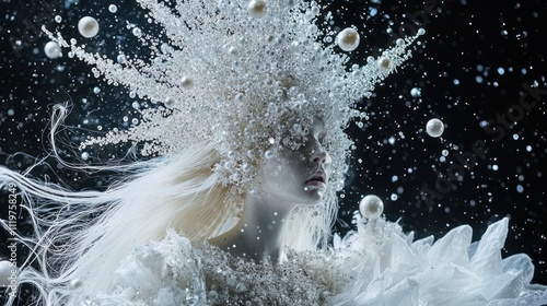 Bild auf Leinwand Enchanting snow queen with pearl crown, long white hair, and flowing gown against dark background
