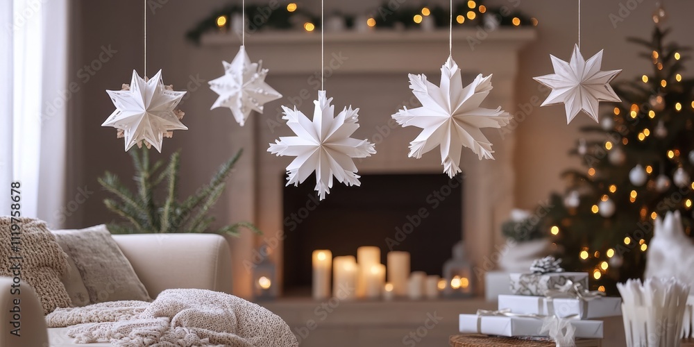 Obraz premium Festive winter decorations enhance cozy living room ambiance during holiday celebrations
