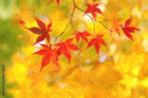 Autumn.Yellow leaves.Blurred perspective.Oil canvas