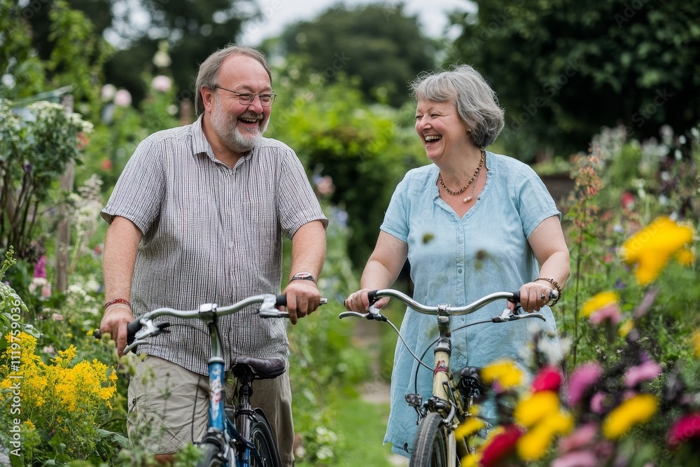 Obraz premium Happy Older Couple Riding Bicycles Through Colorful Garden Pathway Surrounded by Flowers, Enjoying Leisurely Summer Day Together in Nature