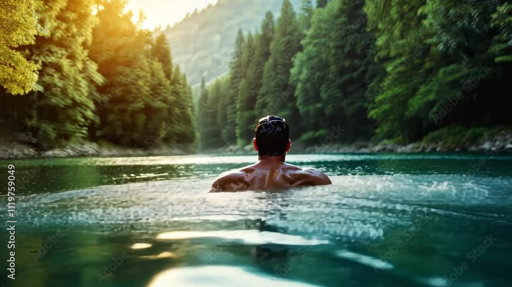 Man swimming in serene mountain lake surrounded by forest, capturing tranquility and nature's beauty, water wellness concept Man swimming in serene mountain lake surrounded by forest, capturing tranquility and nature's beauty, water wellness concept