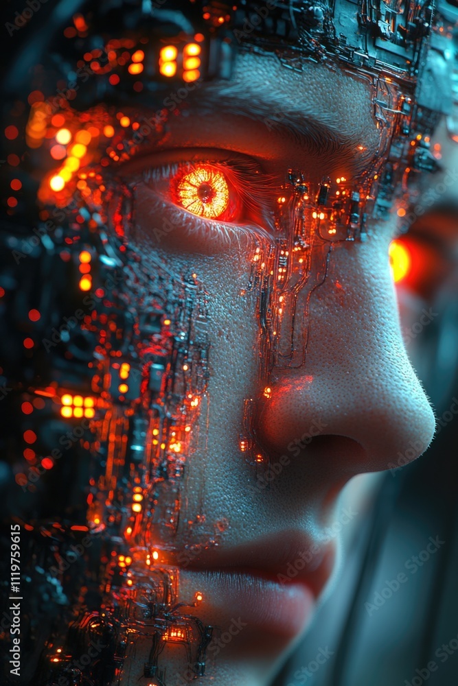 Close-up of a person's face with eerie, glowing eyes