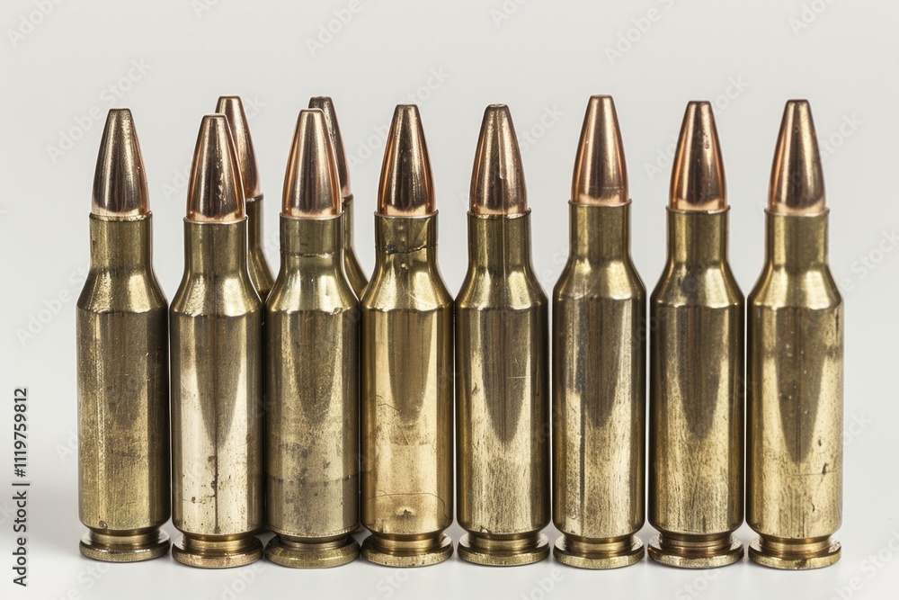 A collection of brass bullet shells on a white surface, useful for editorial or commercial use A collection of brass bullet shells on a white surface, useful for editorial or commercial use