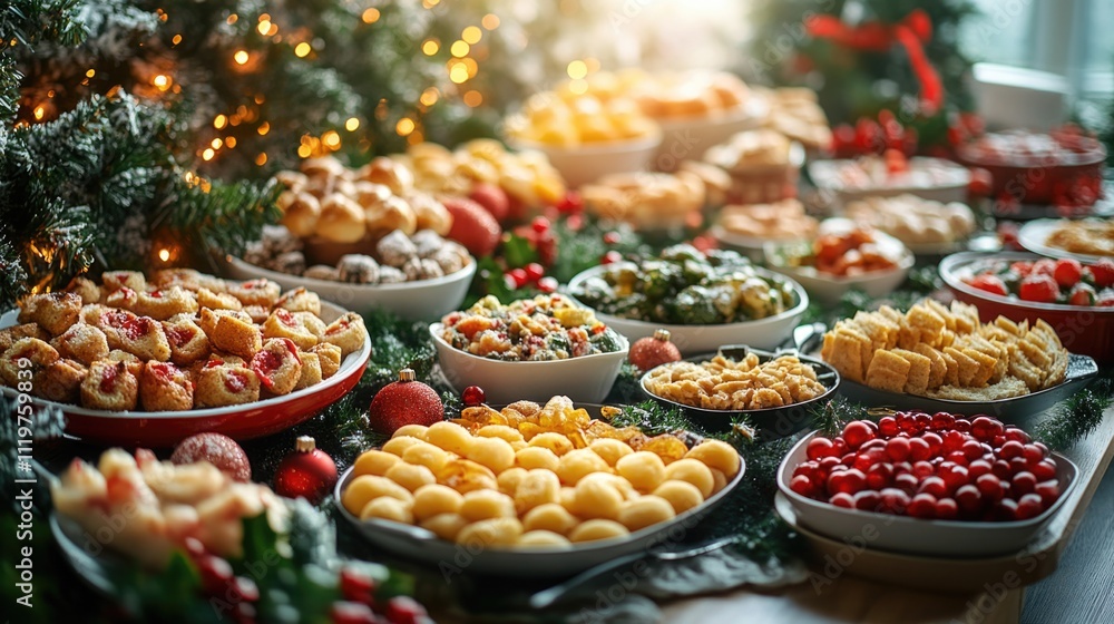 A table filled with various dishes and Christmas decorations, perfect for holiday gatherings A table filled with various dishes and Christmas decorations, perfect for holiday gatherings