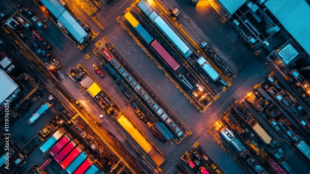 Aerial view of a bustling shipping yard at night. Container trucks are lined up in colorful rows. A vibrant scene showcasing transportation and logistics. Generative AI Aerial view of a bustling shipping yard at night. Container trucks are lined up in colorful rows. A vibrant scene showcasing transportation and logistics. Generative AI