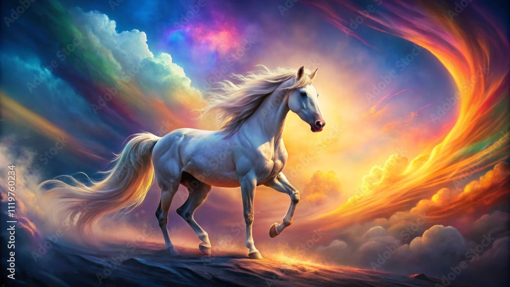 Majestic Horse Surrounded by the Vibrant Spectrum of Rainbow Fire in a Captivating Scene, Perfectly Positioned with Ample Copy Space for Creative Use Majestic Horse Surrounded by the Vibrant Spectrum of Rainbow Fire in a Captivating Scene, Perfectly Positioned with Ample Copy Space for Creative Use