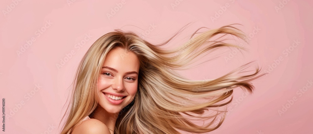 Hair care product banner template showing smiling Woman with blonde long hair, AI generated image Hair care product banner template showing smiling Woman with blonde long hair, AI generated image