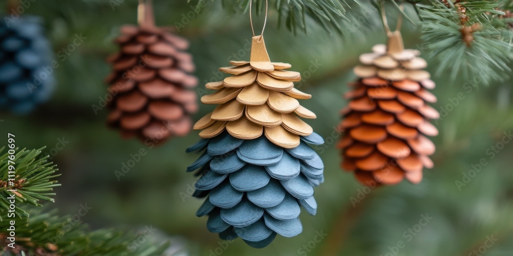 Creative decorative pinecones hang in a lush green forest, showcasing artistic craftsmanship and vibrant colors during autumn Creative decorative pinecones hang in a lush green forest, showcasing artistic craftsmanship and vibrant colors during autumn