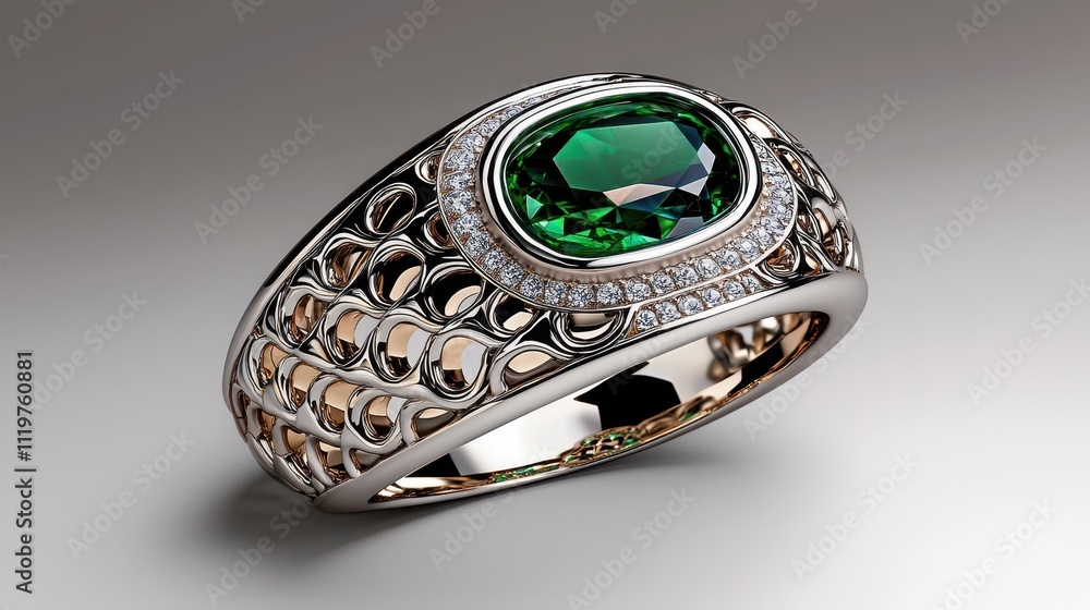 Stunning Emerald Ring with Intricate Design and Sparkling Accents