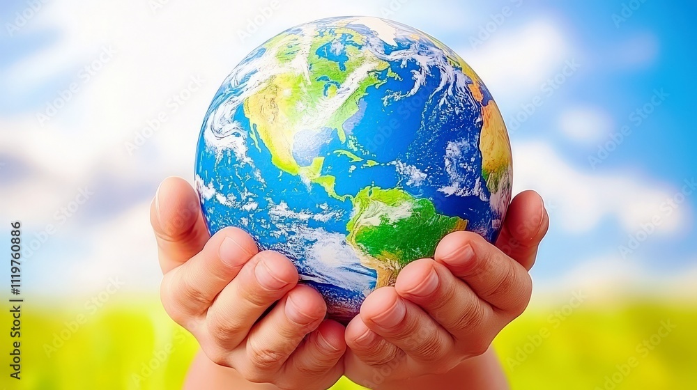 Child Holding Miniature Earth in Hands Against a Bright Blue Sky and Green Field Background Child Holding Miniature Earth in Hands Against a Bright Blue Sky and Green Field Background
