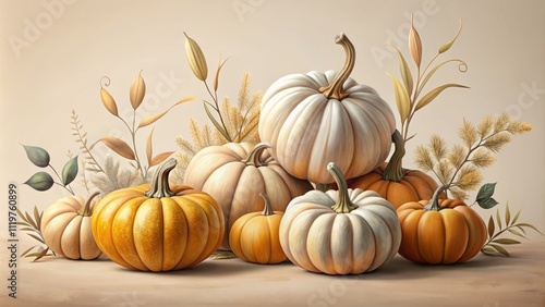 Minimalist Autumn Aesthetic: Group of Pumpkins Surrounded by Delicate Pumpkin Plants in Soft Natural Light, Emphasizing the Beauty of Seasonal Change and Harvest Time