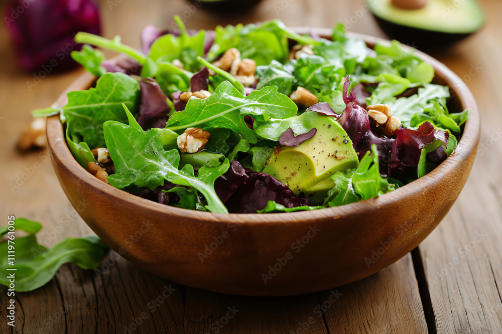 Fresh and healthy salad with mixed greens, avocado and nuts, seasoned with salt and pepper, served in a wooden bowl Fresh and healthy salad with mixed greens, avocado and nuts, seasoned with salt and pepper, served in a wooden bowl