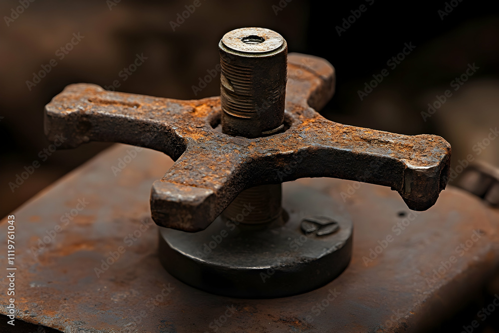 Close-up of a rusty, four-armed metal part. Close-up of a rusty, four-armed metal part.