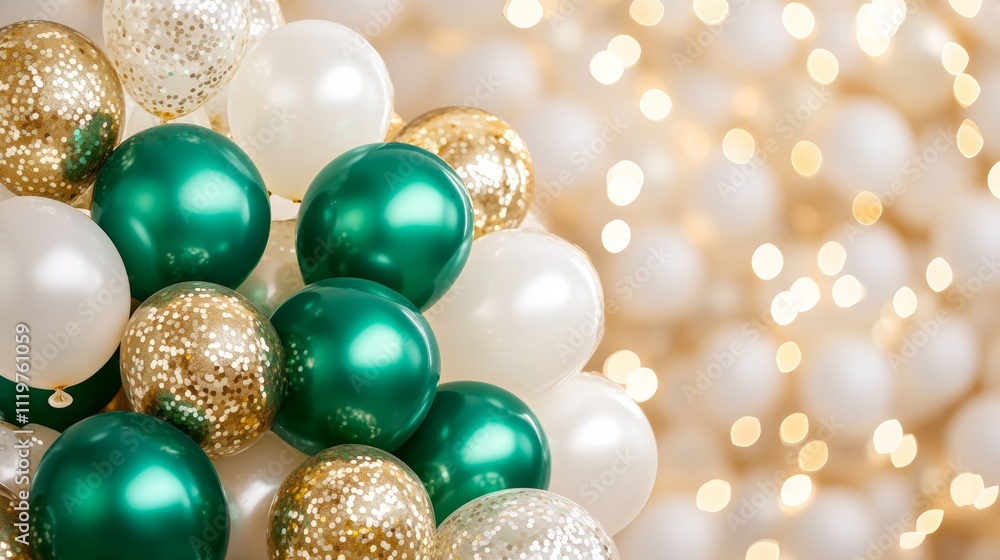 Green, White, And Gold Balloons Create A Festive Backdrop For Celebrations And Special Occasions. Green, White, And Gold Balloons Create A Festive Backdrop For Celebrations And Special Occasions.