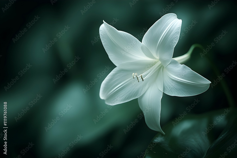 Close-up of a single, elegant white lily flower with soft, dark green background. Close-up of a single, elegant white lily flower with soft, dark green background.