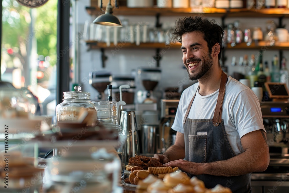 A man stands in front of a counter filled with various pastries, ready to make a purchase A man stands in front of a counter filled with various pastries, ready to make a purchase