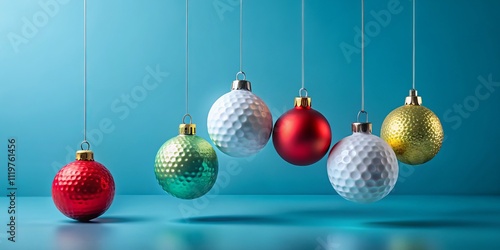 Minimalist Golf Christmas Card Set with Golf Ball Ornament and Colorful Baubles on Blue Background for Festive Greeting Cards, Perfect for Sports Enthusiasts this Holiday Season