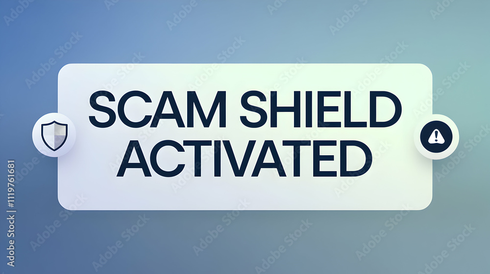 Spam call scam prevention concept. Scam shield alert graphic indicating activation status. Spam call scam prevention concept. Scam shield alert graphic indicating activation status.