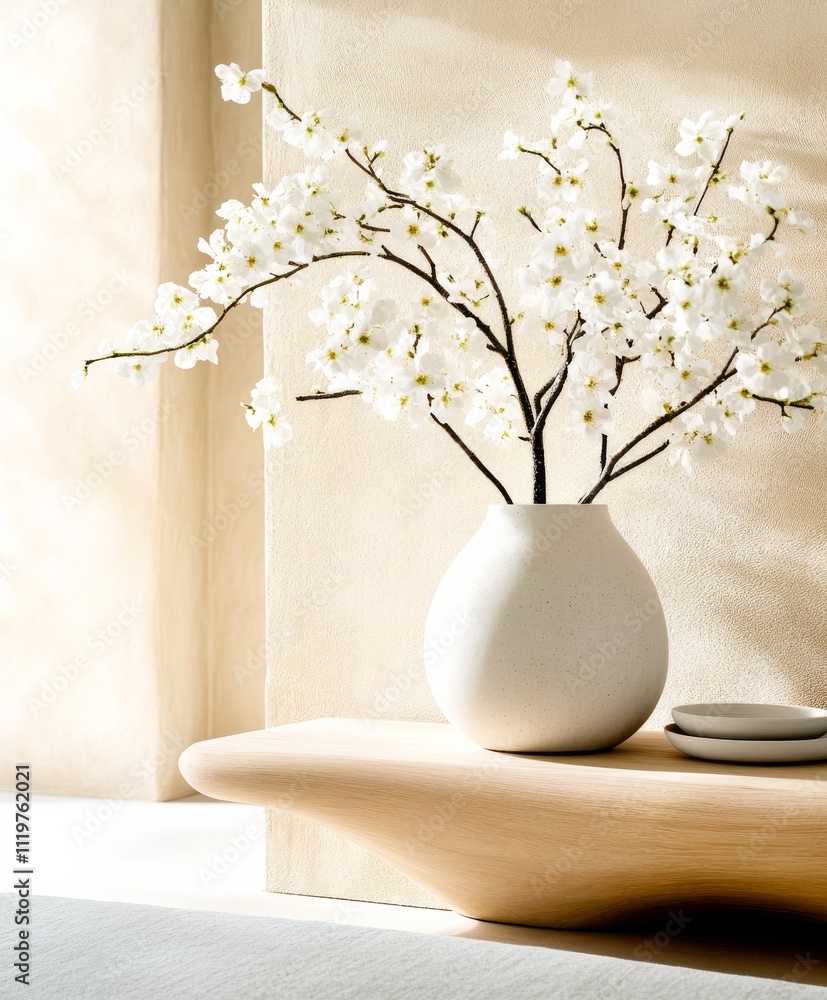 White Vase with Flowering Branches in Minimalist Room White Vase with Flowering Branches in Minimalist Room