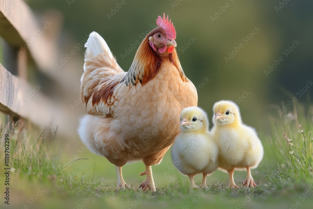 Fototapeta premium A mother hen walks proudly with her two fluffy chicks, surrounded by a lush green background, showcasing a peaceful farm life.