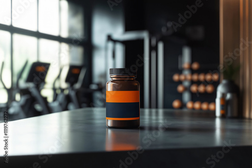 Bottle of fitness supplements is sitting on the counter of a gym, with exercise equipment out of focus in the background