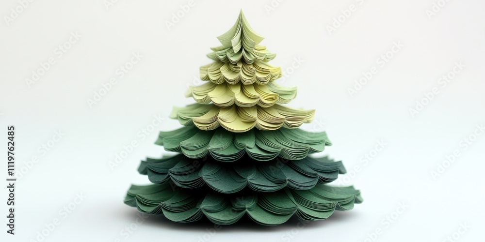 Intricate layered paper sculpture resembling a festive conifer tree crafted with precision and imagination Intricate layered paper sculpture resembling a festive conifer tree crafted with precision and imagination