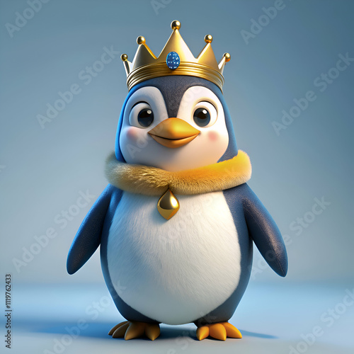 A cute penguin wearing a golden crown and a fur collar.