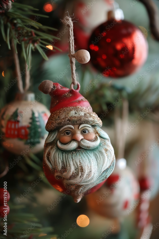 Obraz premium Beautiful Christmas tree decoration with Santa Claus. Xmas and winter holiday background for banner and greeting card.