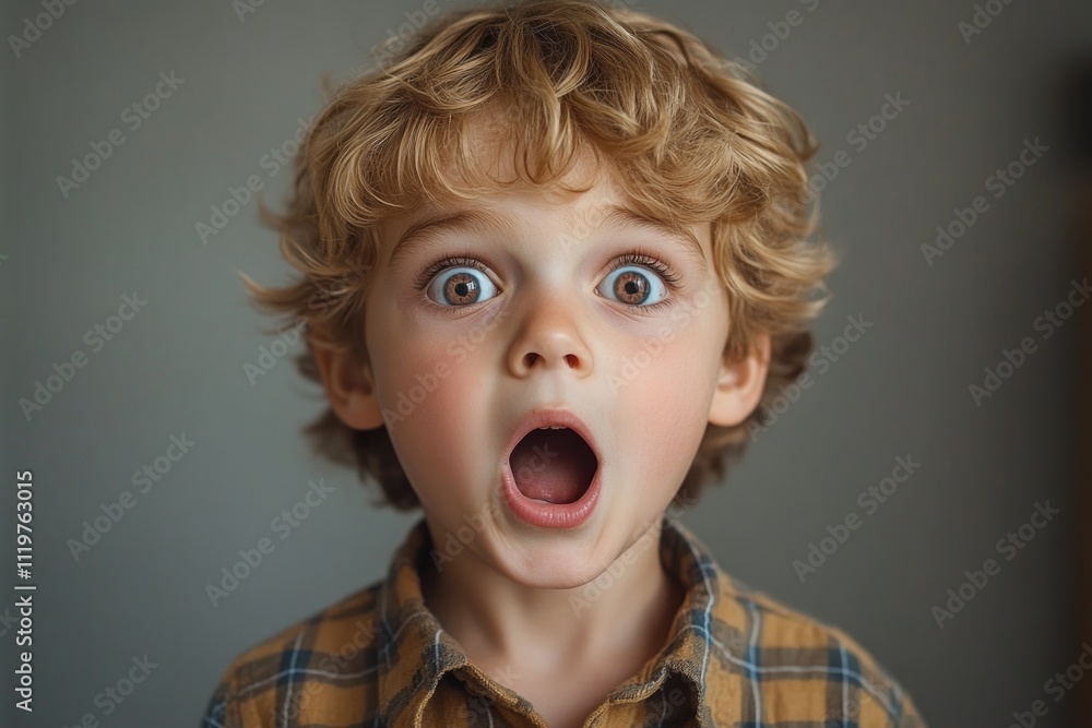 A young boy looks surprised and caught off guard, suitable for use in illustrations, editorial content, or as a standalone image A young boy looks surprised and caught off guard, suitable for use in illustrations, editorial content, or as a standalone image