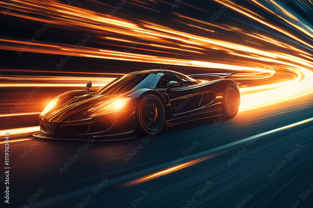 Black sports car is speeding through a futuristic tunnel with glowing orange and yellow light trails Black sports car is speeding through a futuristic tunnel with glowing orange and yellow light trails