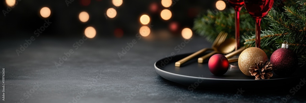 Naklejka premium holiday table decor, elegant christmas backdrop with a lavish dining table adorned in gold utensils and red candles, set for a holiday meal