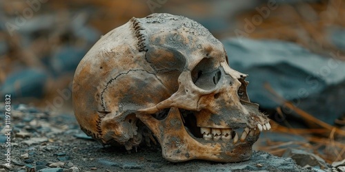 A skull sits atop a pile of rocks