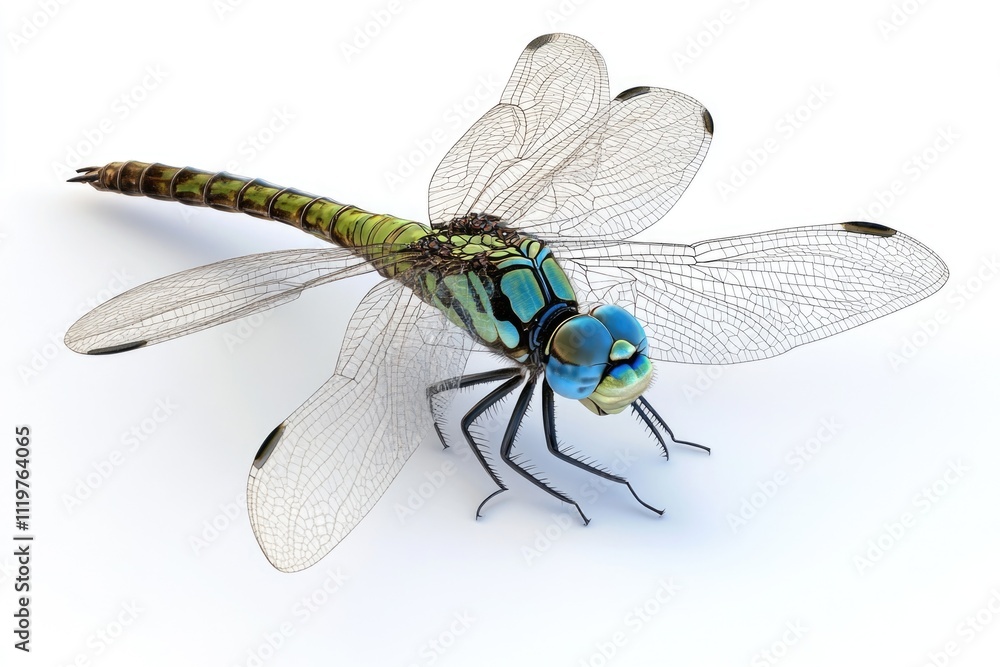 A blue dragonfly perches on a smooth white surface, ready to take flight