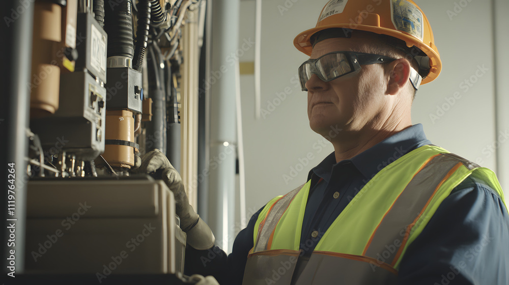 Worker in reflective vest and hard hat standing in front of large electrical transformer, symbolizing power restoration and infrastructure maintenance, holding toolkit with focused expression. Worker in reflective vest and hard hat standing in front of large electrical transformer, symbolizing power restoration and infrastructure maintenance, holding toolkit with focused expression.