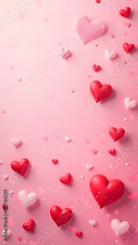 Simple illustration of pink background with red hearts. Space for text. Suitable for Valentine's Day card.