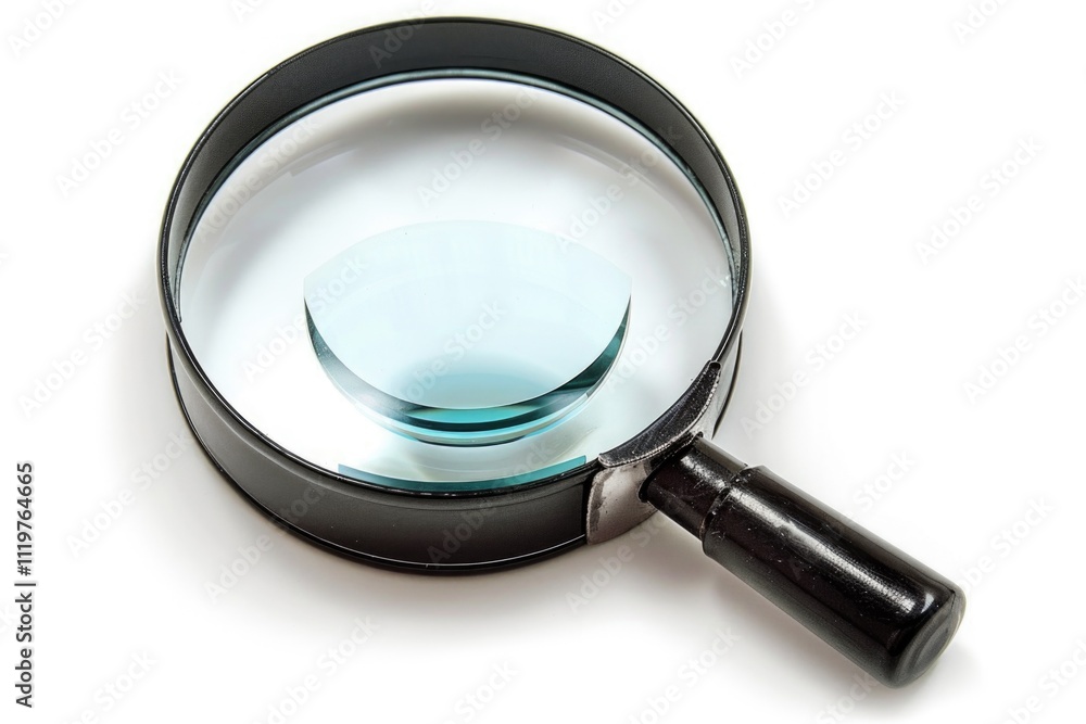 A detailed view of a magnifying glass on a white background, suitable for illustrations or education