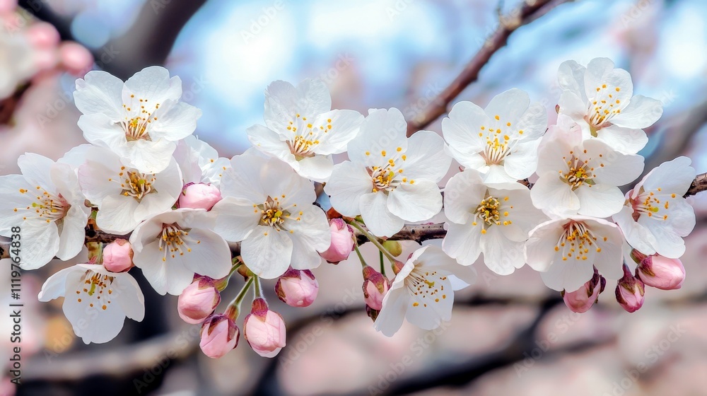 Obraz premium Beautiful Cherry Blossom Branch with Open Flowers and Buds in Spring Garden Setting