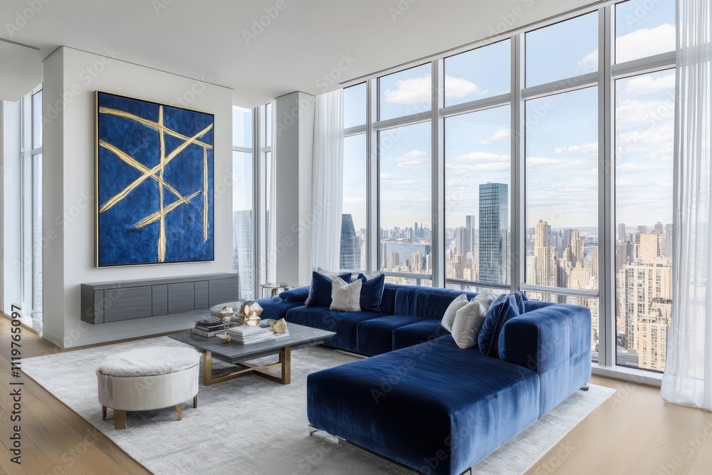 Fototapeta premium Elegant living room interior large blue velvet sectional sofa