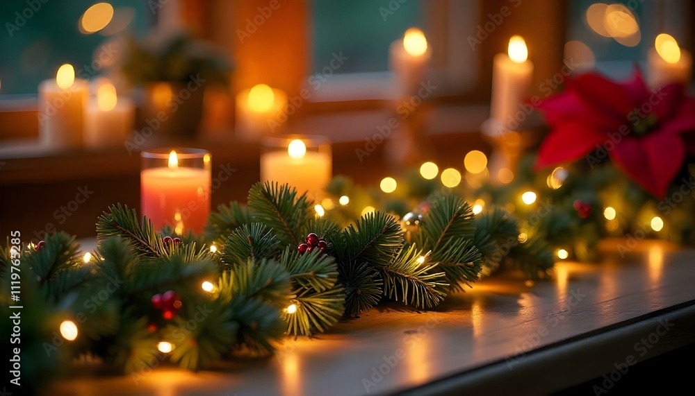 Holiday Decorations with Glowing Garland on Table Holiday Decorations with Glowing Garland on Table
