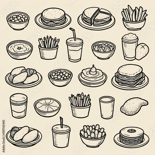 Hand-drawn vintage food illustrations in black and white on beige background with retro menu styling