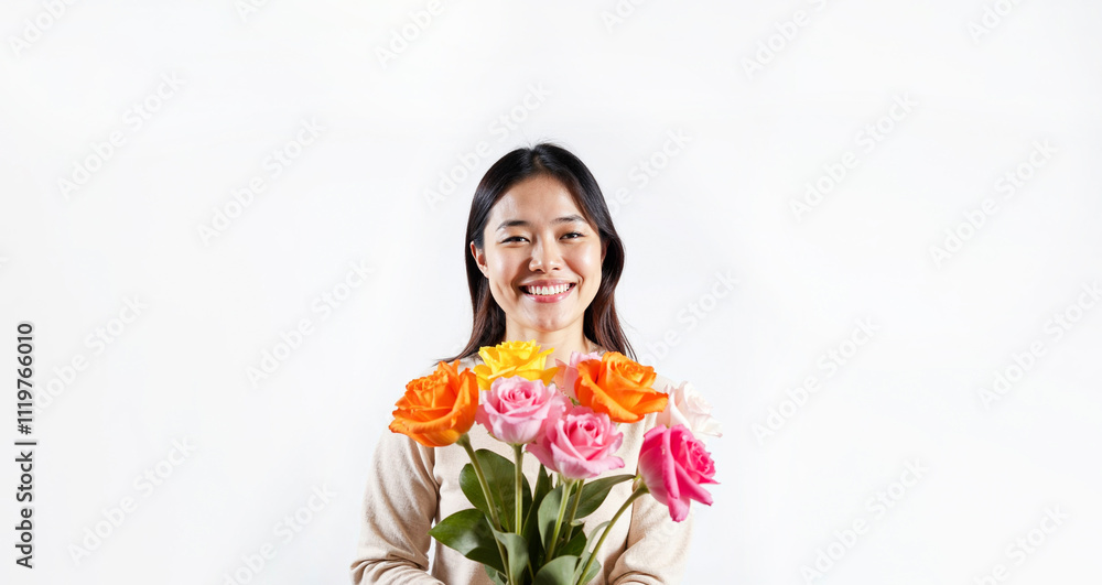 Beautiful smiling asian woman with bouquet of flowers on white background Beautiful smiling asian woman with bouquet of flowers on white background