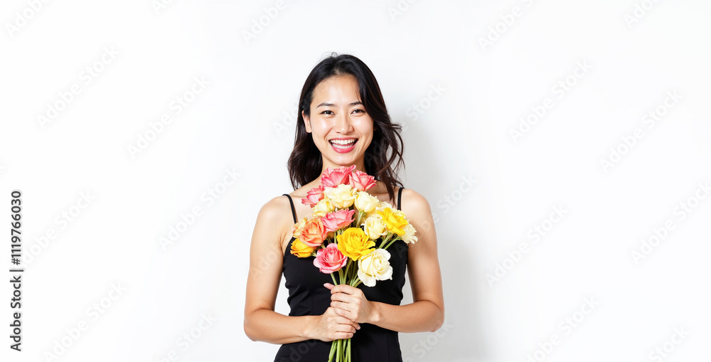 Beautiful smiling asian woman with bouquet of flowers on white background Beautiful smiling asian woman with bouquet of flowers on white background