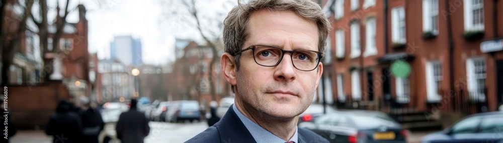 Professional man in glasses standing on a city street with urban background and blurred pedestrians in soft focus Professional man in glasses standing on a city street with urban background and blurred pedestrians in soft focus