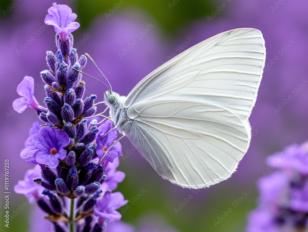 Close-Up of White Butterfly Resting on Lavender Blossoms in Blooming Garden Close-Up of White Butterfly Resting on Lavender Blossoms in Blooming Garden