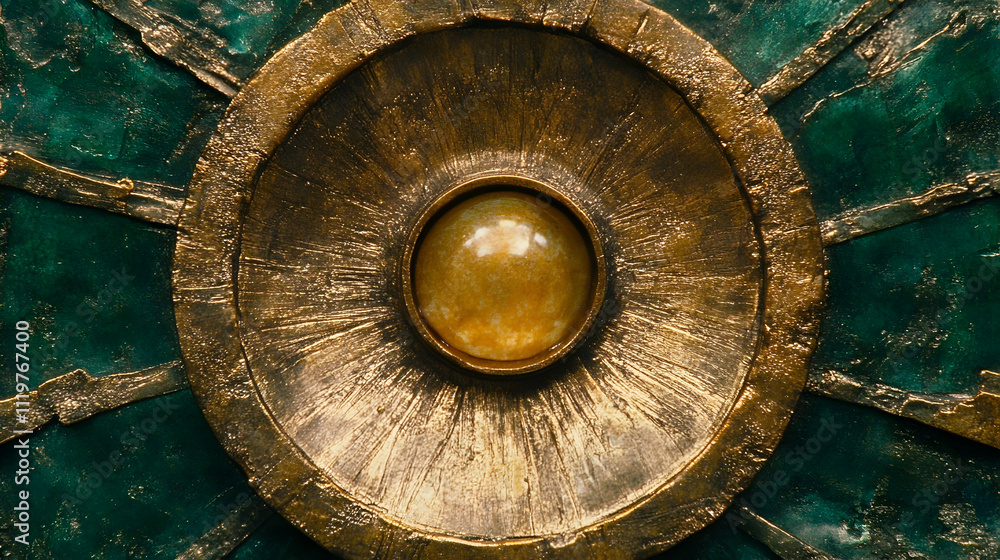 Close-up of ornate circular metallic object with central gemstone. Close-up of ornate circular metallic object with central gemstone.