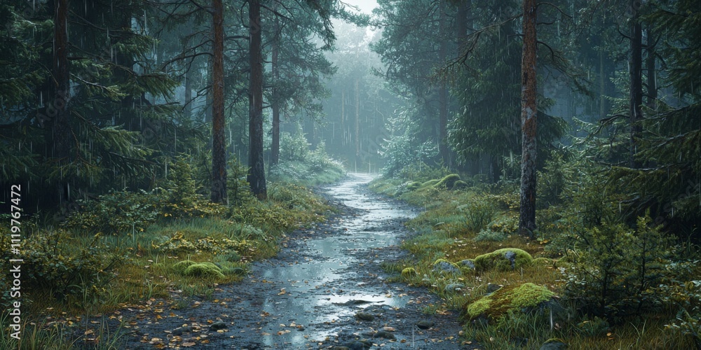 Obraz premium Rainy Forest Path Lush Moss Trees Nature 8K
