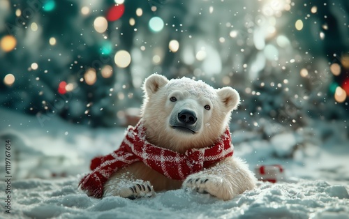 Charming Polar Bear Enjoys a Snowy Winter Day with Red Scarf, Radiating Joy Amidst a Magical Winter Landscape Filled with Sparkling Snowflakes Christmas is coming! photo